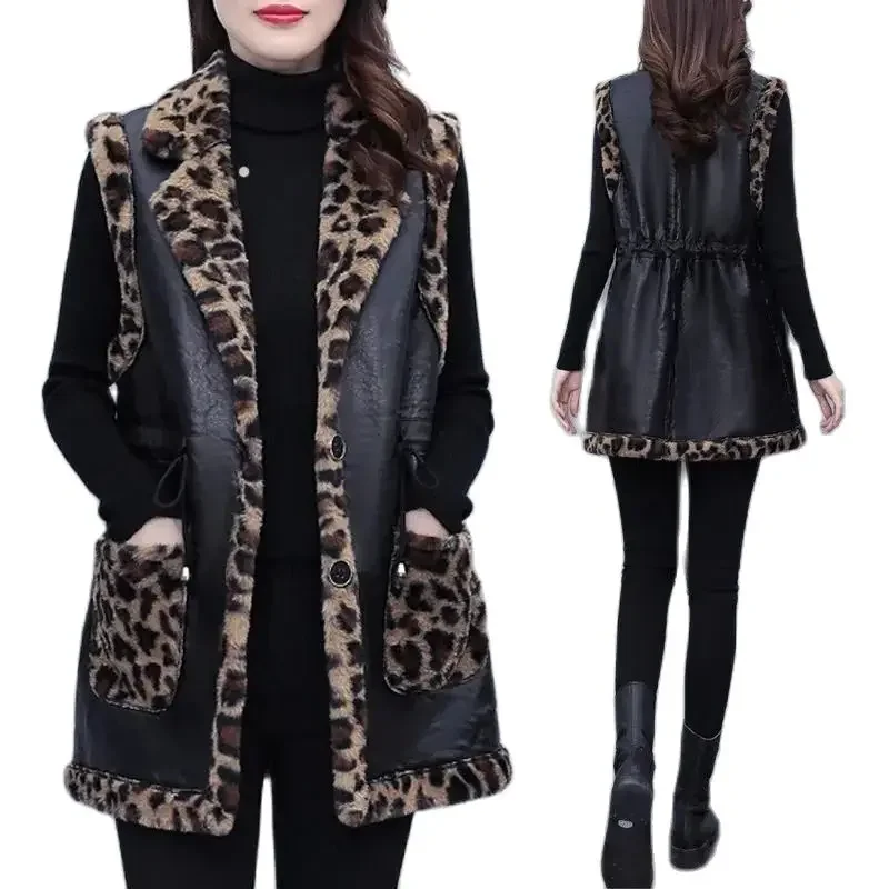 High-End Design Rabbit Plush Leopard Vest Female Autumn Winter Women\'s Leather Waistcoat Jacket Mid-Length Thick Faux Fur Coat