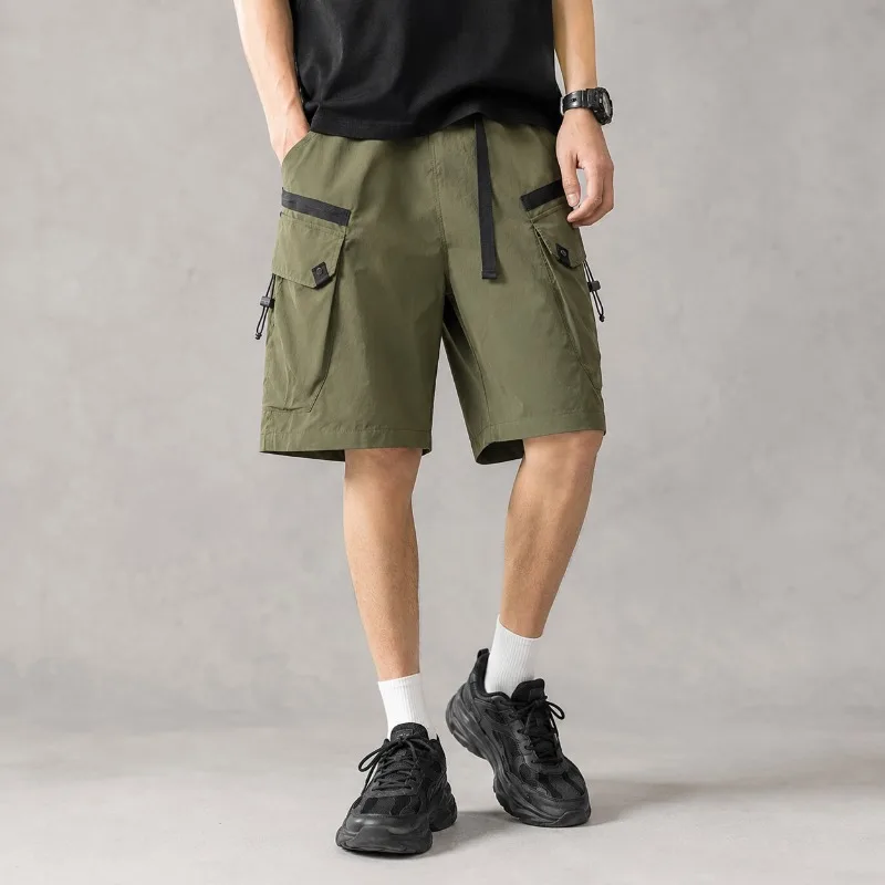 Men Cargo Shorts Loose Fit Summer Casual Shorts Drawstring Waist Multi Pocket Outdoor Streetwear Knee Length Pants