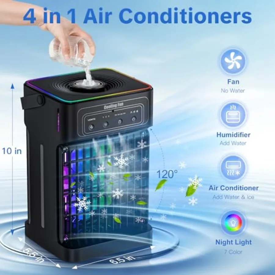 Portable Air Conditioners, 2026 Upgraded 4-IN-1 Quiet Portable AC Unit with Remote, 1100ML Tank Evaporative Air Cooler, 7 Color