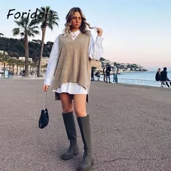 Foridol V Neck Sleeveless Long Waistcoat Women Autumn Winter Sweater Vest Oversized Casual Office Streetwear Gray Vest Pullover