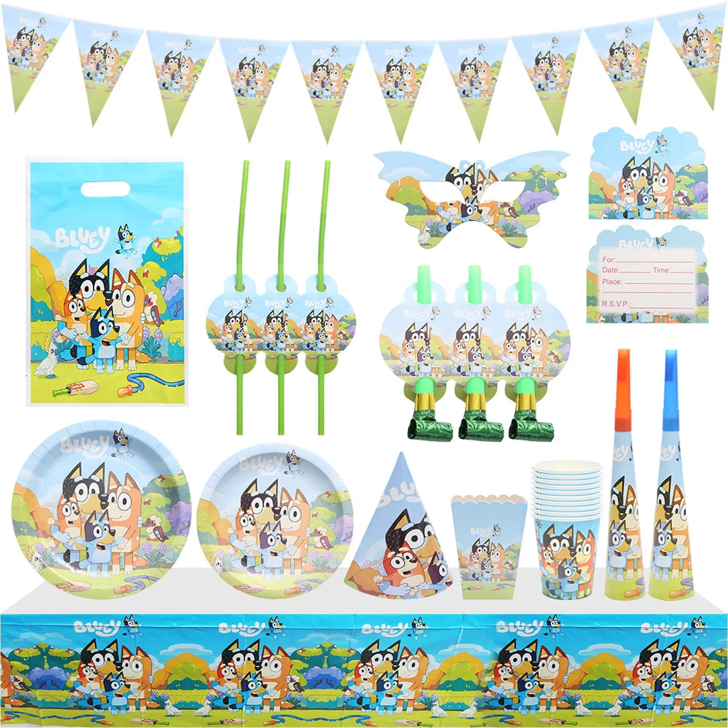 Globos con Temática de Anime Bluey Bingo, Pancarta de Feliz Cumpleaños, Adhesivos Decorativos para Fiestas, Decoración, Vajilla Desechable, Bolsa de Regalo