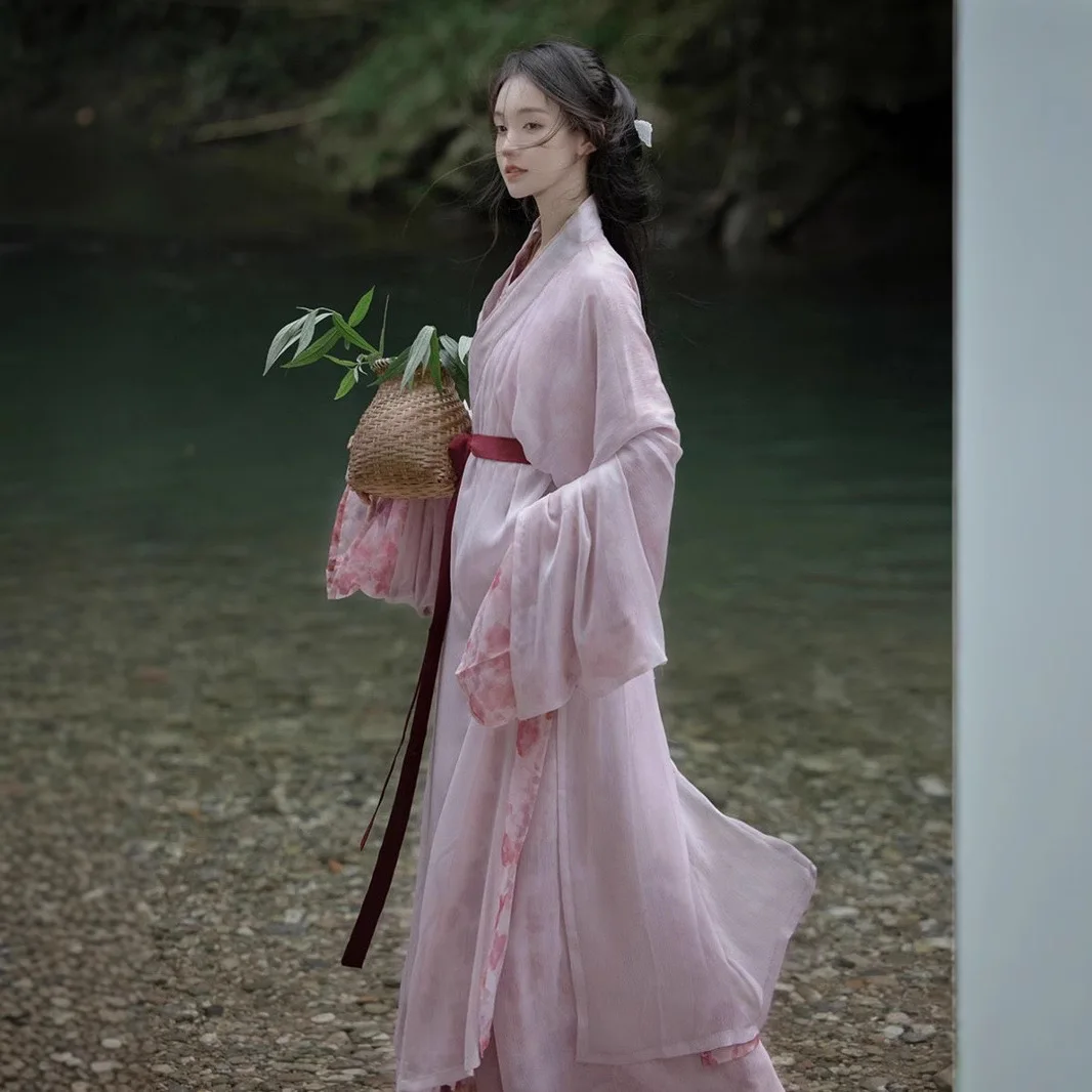 Wei Spring Southern Northern Dynasties, Women's Chinese-Style Ancient Costume Purple Pink Wide Sleeve Hanfu Printed Collar