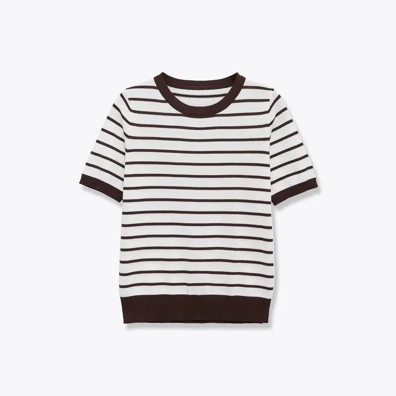 قميص نسائي أساسي بأكمام قصيرة محبوك برقبة مستديرة لصيف 2025، متعدد الاستخدامات وعصري، مصنوع من مزيج القطن والبوليستر يمتص الر...