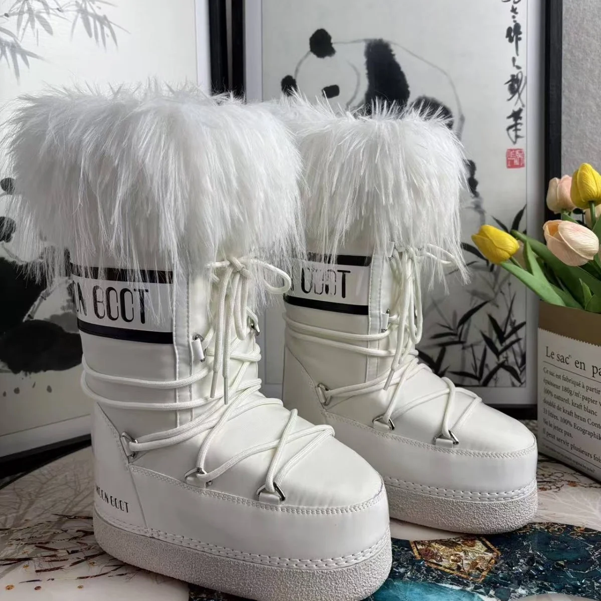 

Warm Moon Boot Autumn Winter Anti-Slip Cute Snow Boots High Tube Fashionable Flat Heel Thick Bottom Rubber Sole Pure Color