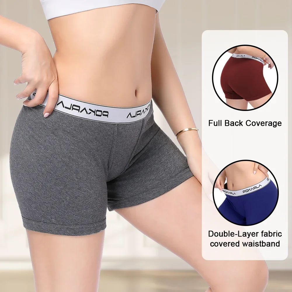 POKARLA 4PCS Women’s Cotton Boxer Underwear Ladies Soft Safety Panties Female Breathable Inseam Briefs Set Boy Shorts Plus Size