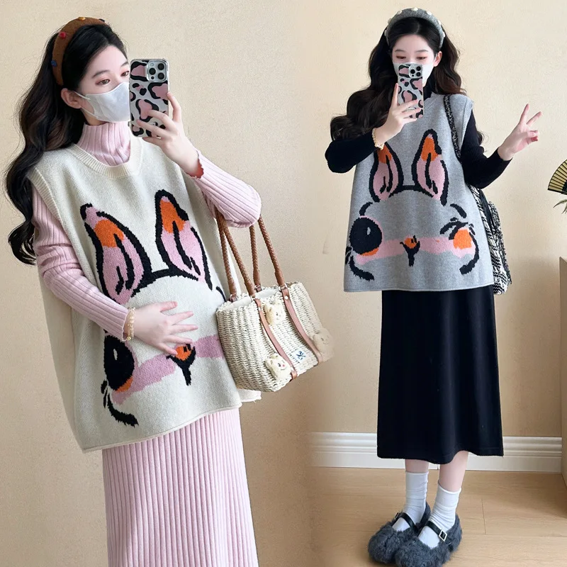 Maternity  Vest Autumn Knitted Cardigan Sweater Coat Pregnant Woman Cute Bunny Pattern Sleeveless Jacket Women Waistcoat Wear