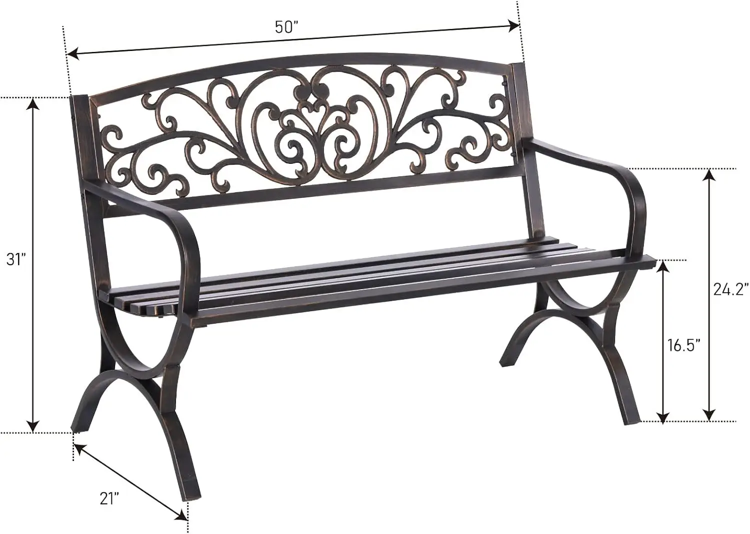 Bronze 50 Inch Outdoor Garden Bench Weatherproof Cast Iron Metal Bench, Floral Design Anti Rust Patio Park Seating Furniture Accent Chair For Front Porch, Yard, Lawn, Deck