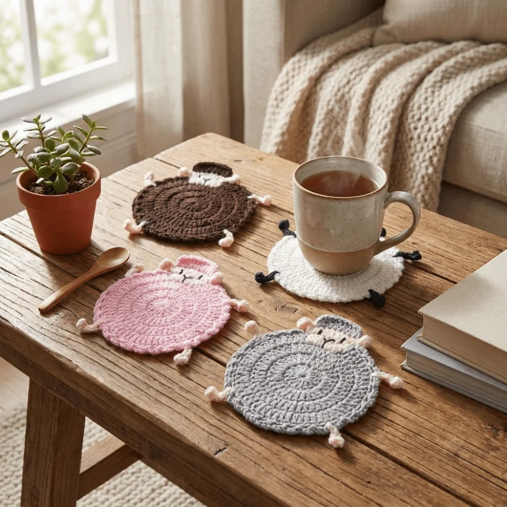 Cute Crochet Lamb Coasters Cartoon Yarn Crochet Heat Insulator Pad Table Protection Animal Placemats Teacup Pad