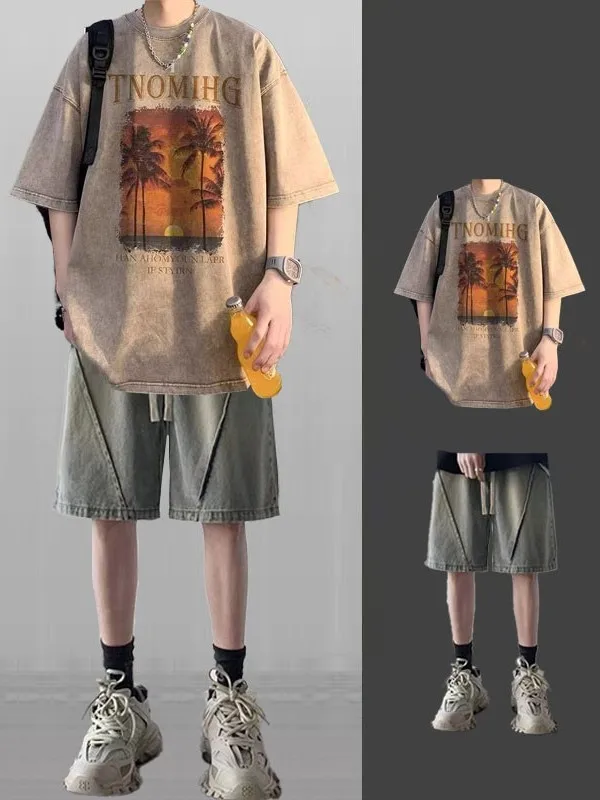 

American Retro Waed Men's T-irt Set Summer Loose Casual ort Sve with High Street Jeans orts Two-Piece Suit