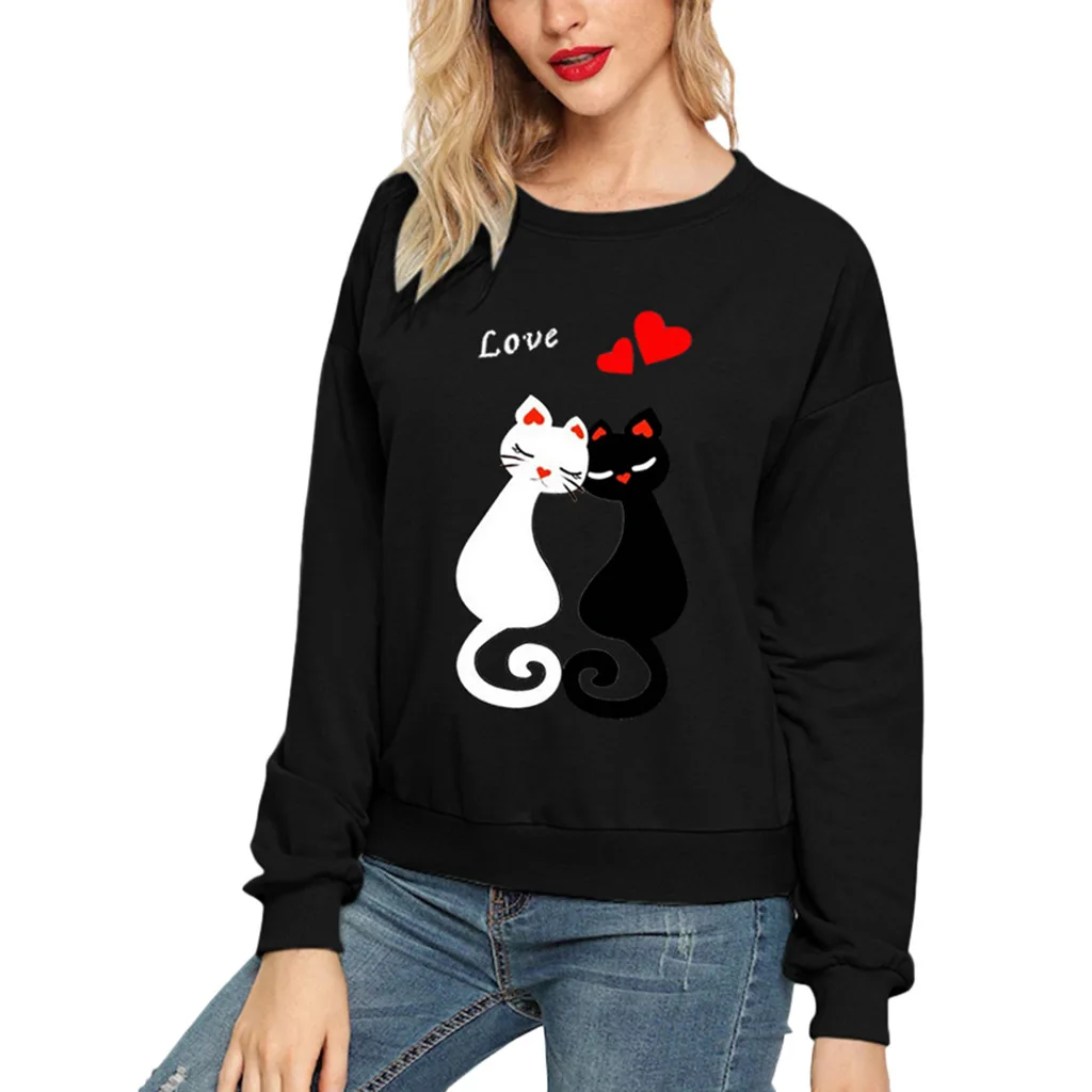 เสื้อฮู้ดลำลองแขนยาวคอกลมลายแมวสไตล์ยุโรปและอเมริกาสำหรับผู้หญิง สตรีทแวร์ เสื้อสเวตเชิ้ตผู้หญิง สไตล์สวยงาม