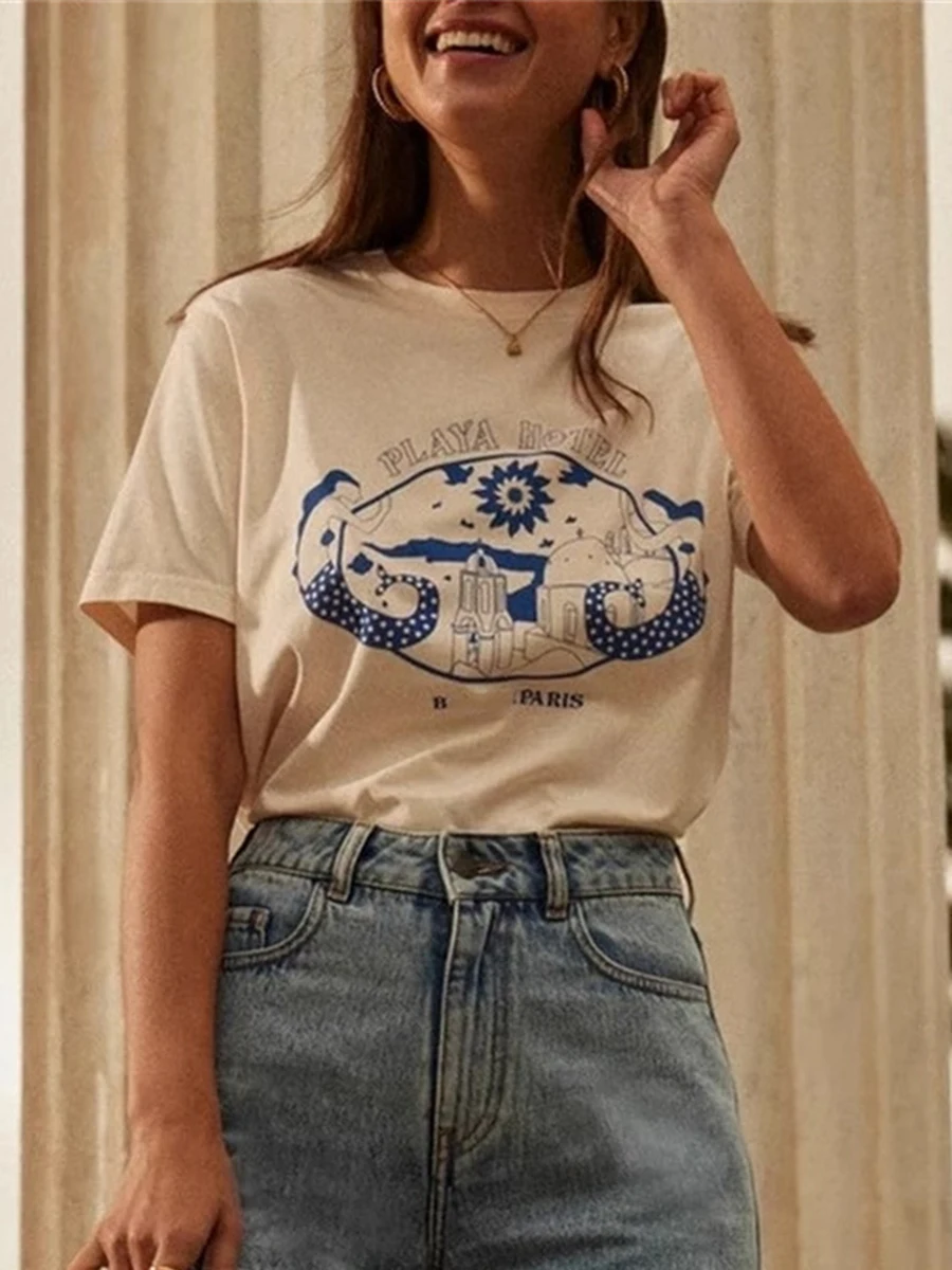 Building Printed Fashion Women's T-shirt Round Neck Short Sleeves High Quality Female Tops Streetwear Vintage Ladies Tees Summer