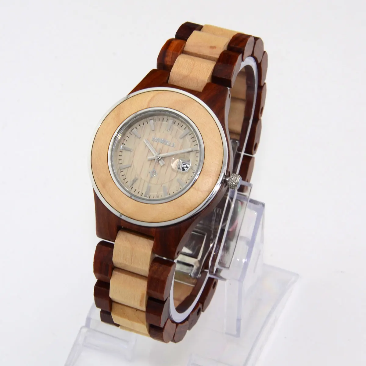 New Natural Wooden Watches Stainless Steel Ring Sandalwood Calendar Lady Women Quartz Wrist Watch