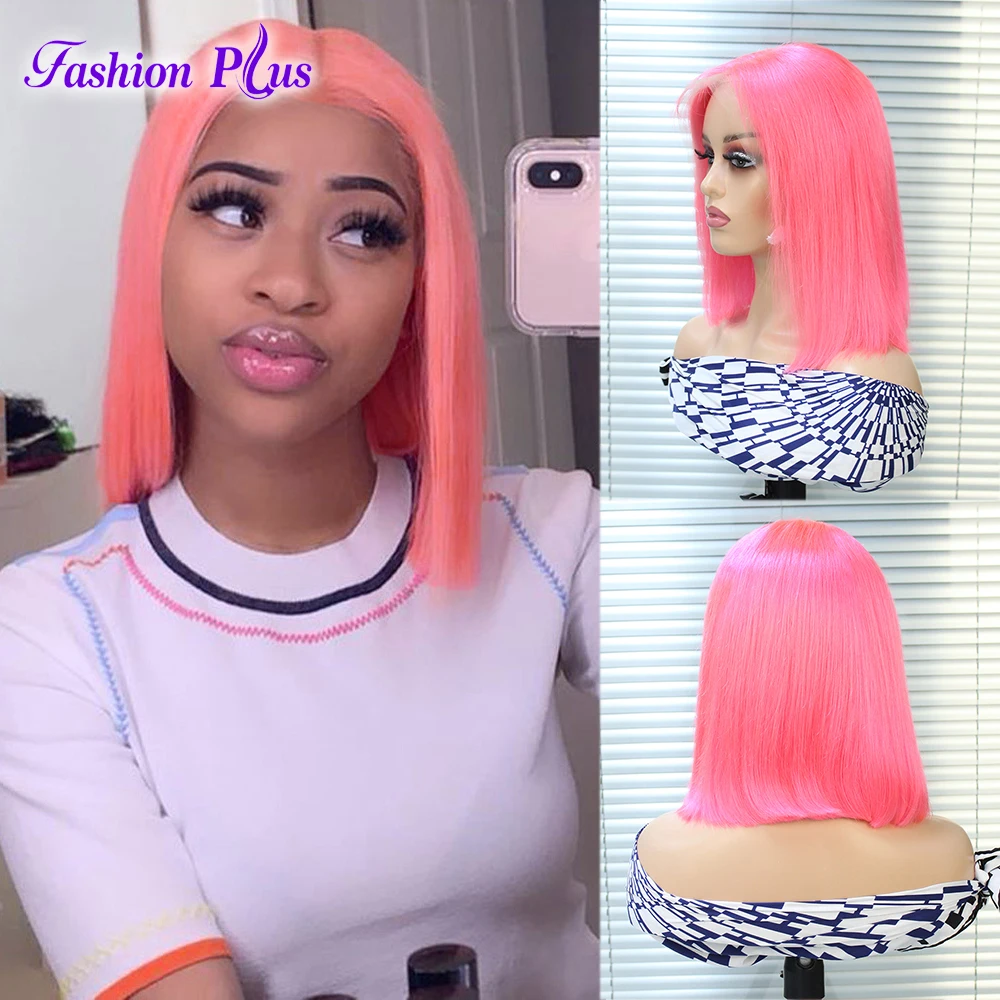 

Pink Bob Lace Front Wig Human Hair Short Straight 13x4 Transparent Frontal Human Hair Wig 180% Density With Baby Hair For Wome