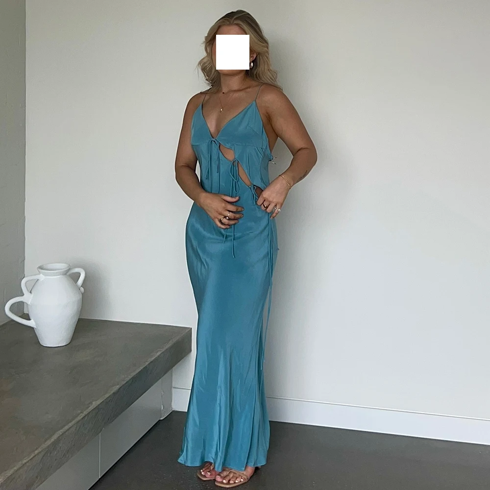 

V Neck Straight Blue Ankle Length Spaghetti Straps Jersey Evening Dress Sexy Open Back Pleats Saudi Arabia Party Gowns Women