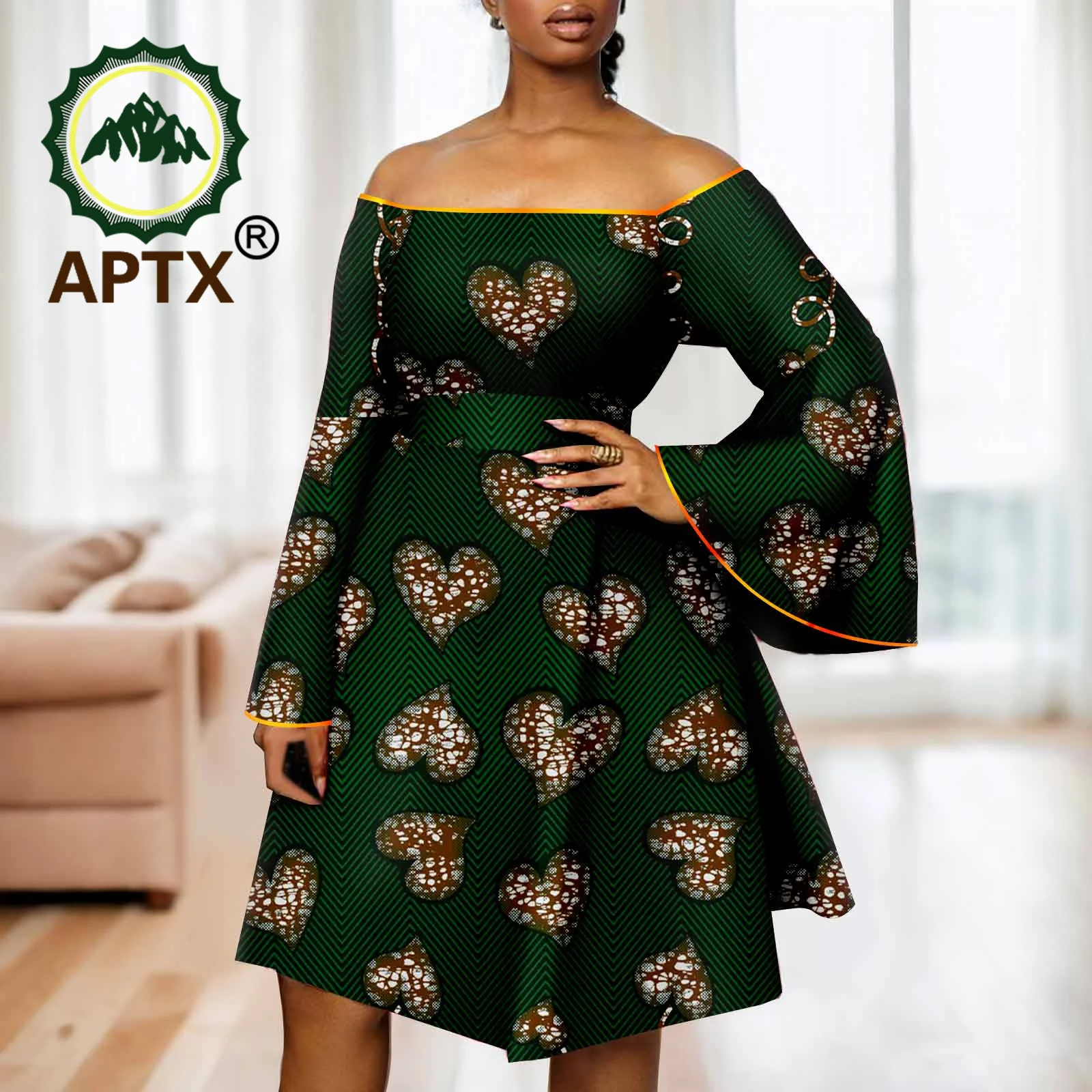 African Dress for Woman Ankara Slash Neck Flared Sleeves Knee Length Dresses Dashiki Print Party Wedding Attire