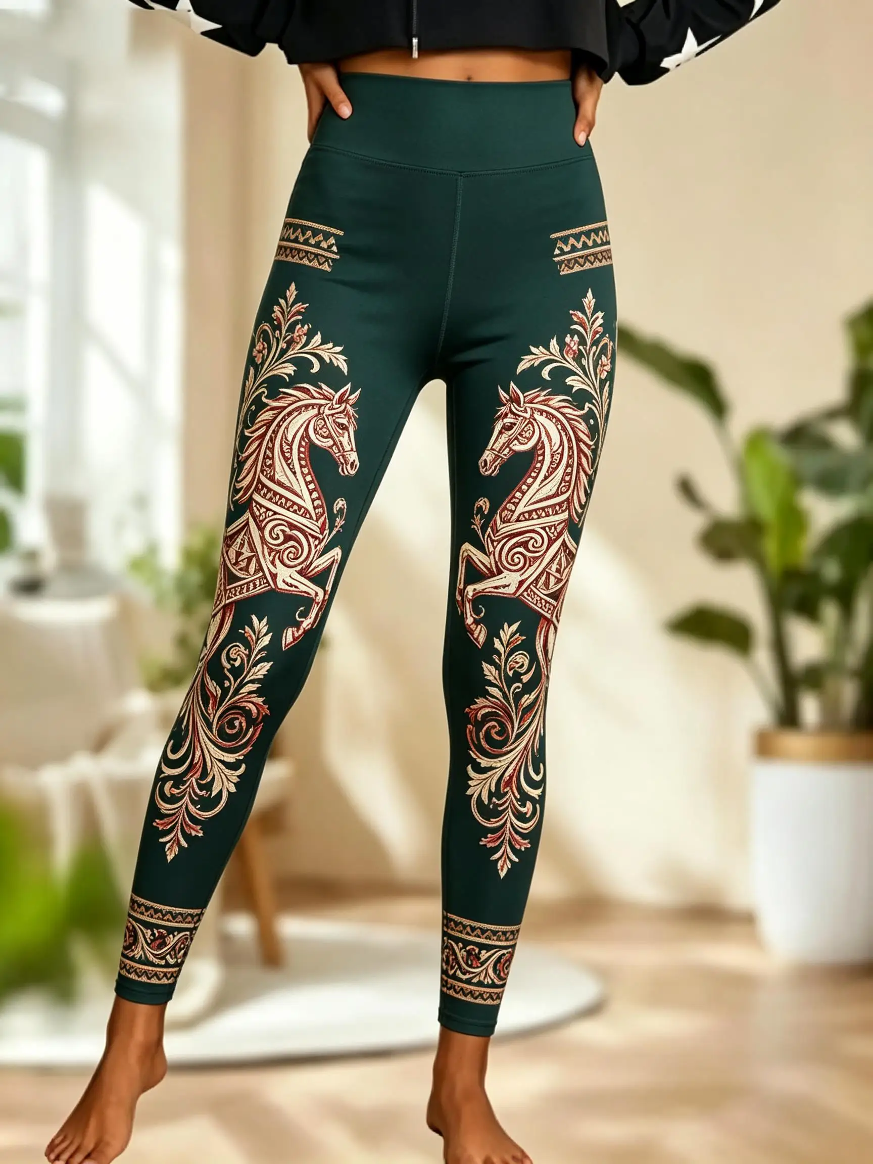 Women Fleece‑lined Mid‑rise Leggings Vintage Ornate Horse Floral Scroll Ethnic Border Full‑leg Print Slim Stretch Casual Pants