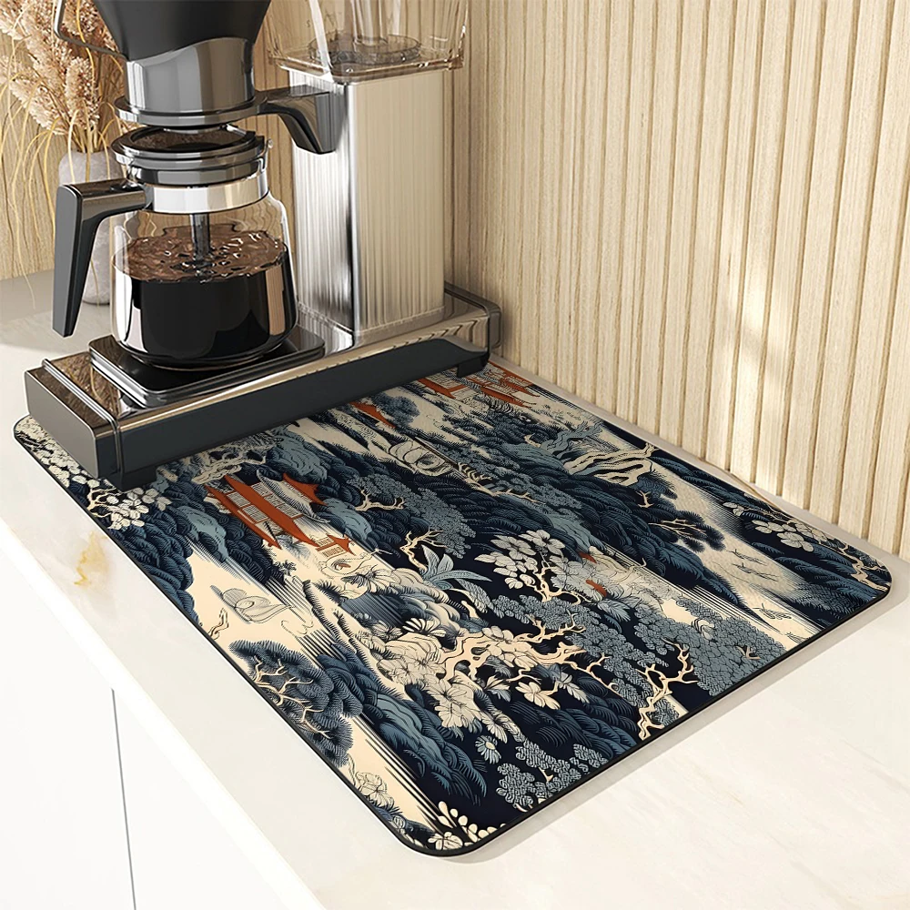 1pc Drying Mat Architectural Landscape Flower Non-Slip Absorbent Mat Tableware Kitchen Counter Drain Mats Placemats for Table