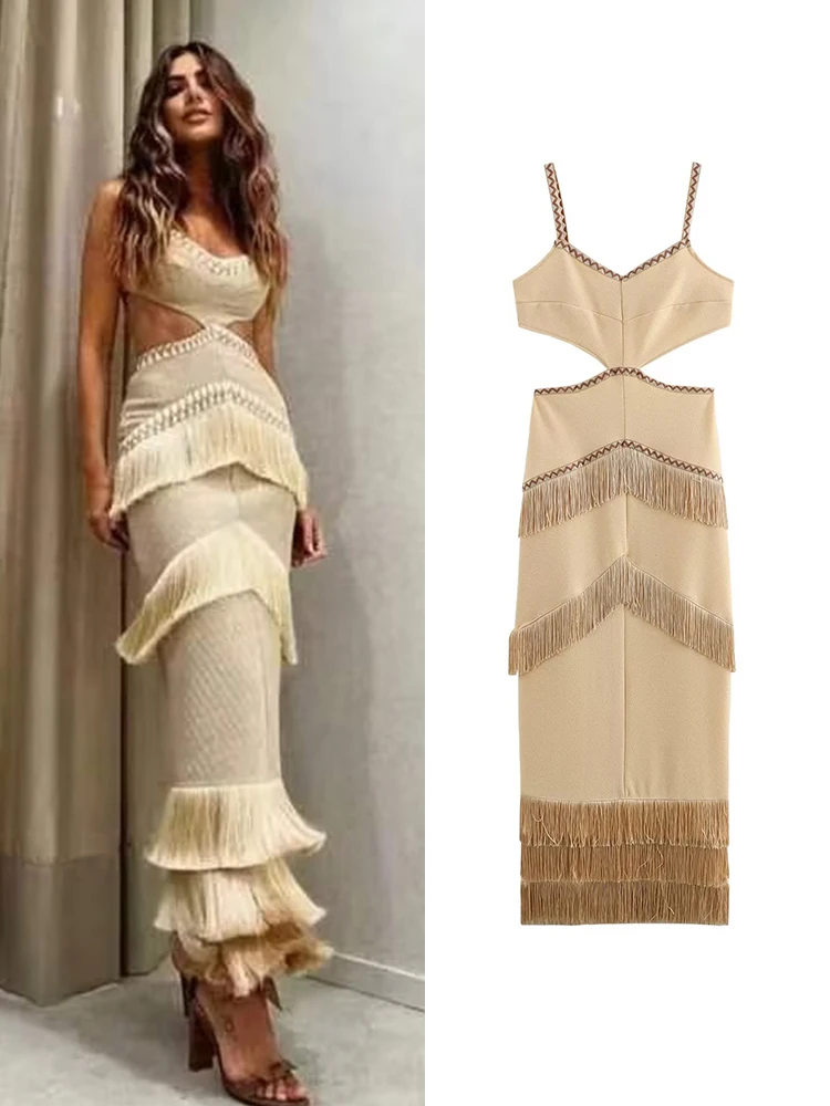 TRAF New Autumn Elegant Tassel Layered Splicing Maxi Dress 2024  Fashion Sleeveless High Waist Hollow Out Dresses Street Robes