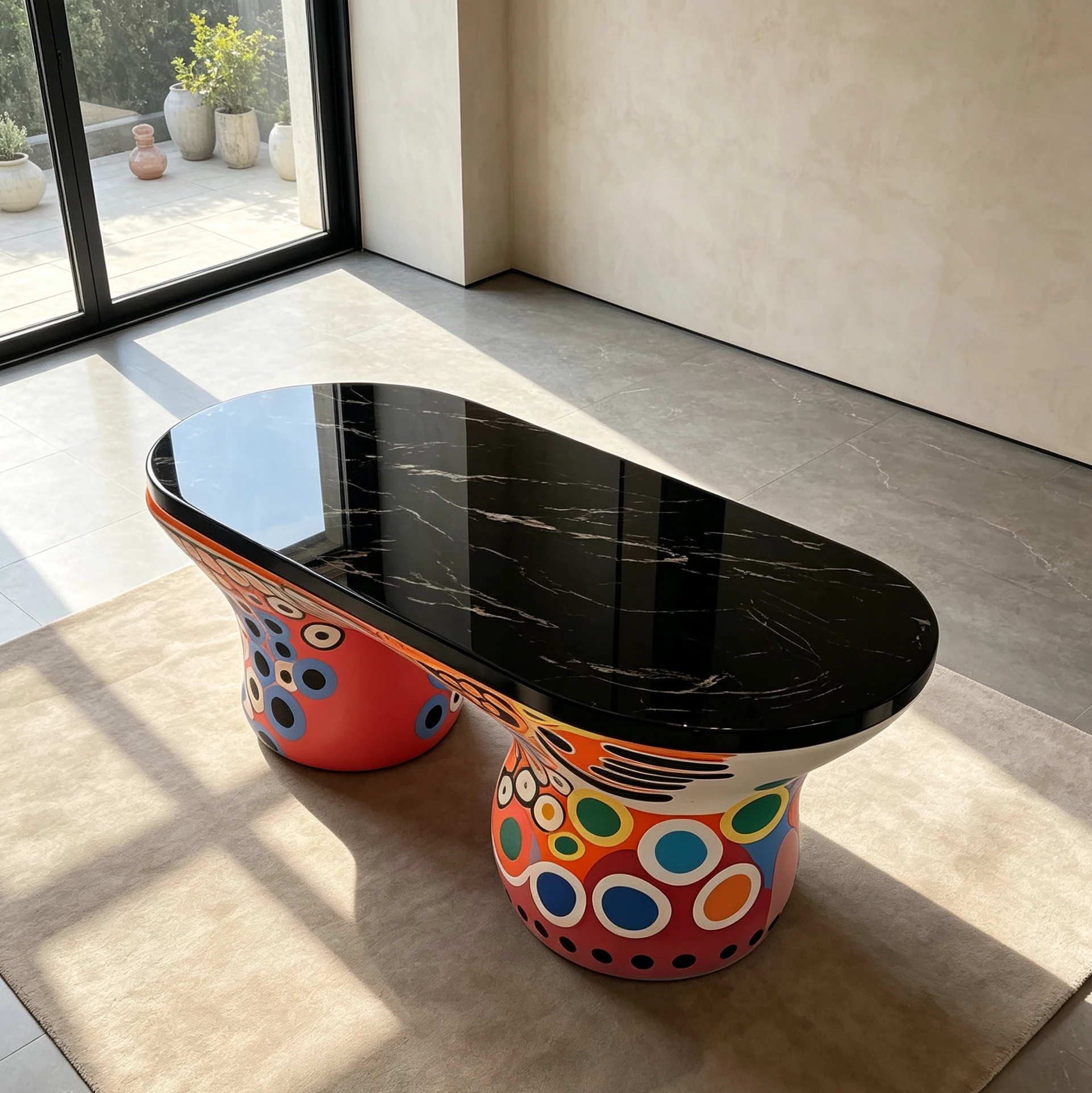 G*-Fiberglass Frame Double Pedestal Oval Coffee Table for Contemporary Home Interior