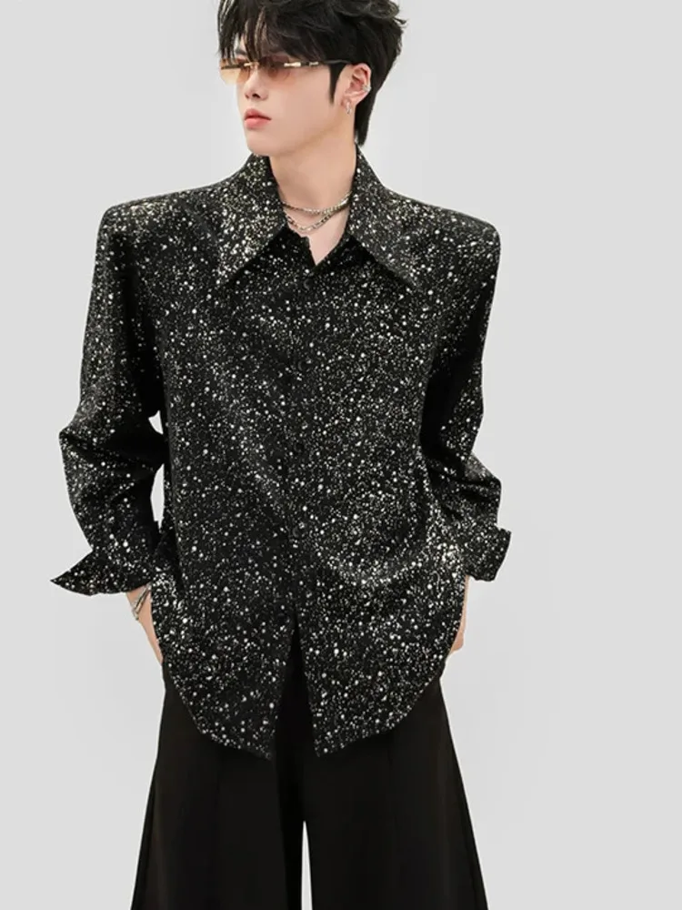 Autumn New Long Sleeve Men's Shirt Shoulder Pad Drape Texture Loose Turn-Down Collar Fashion Casual Shirts BSW3