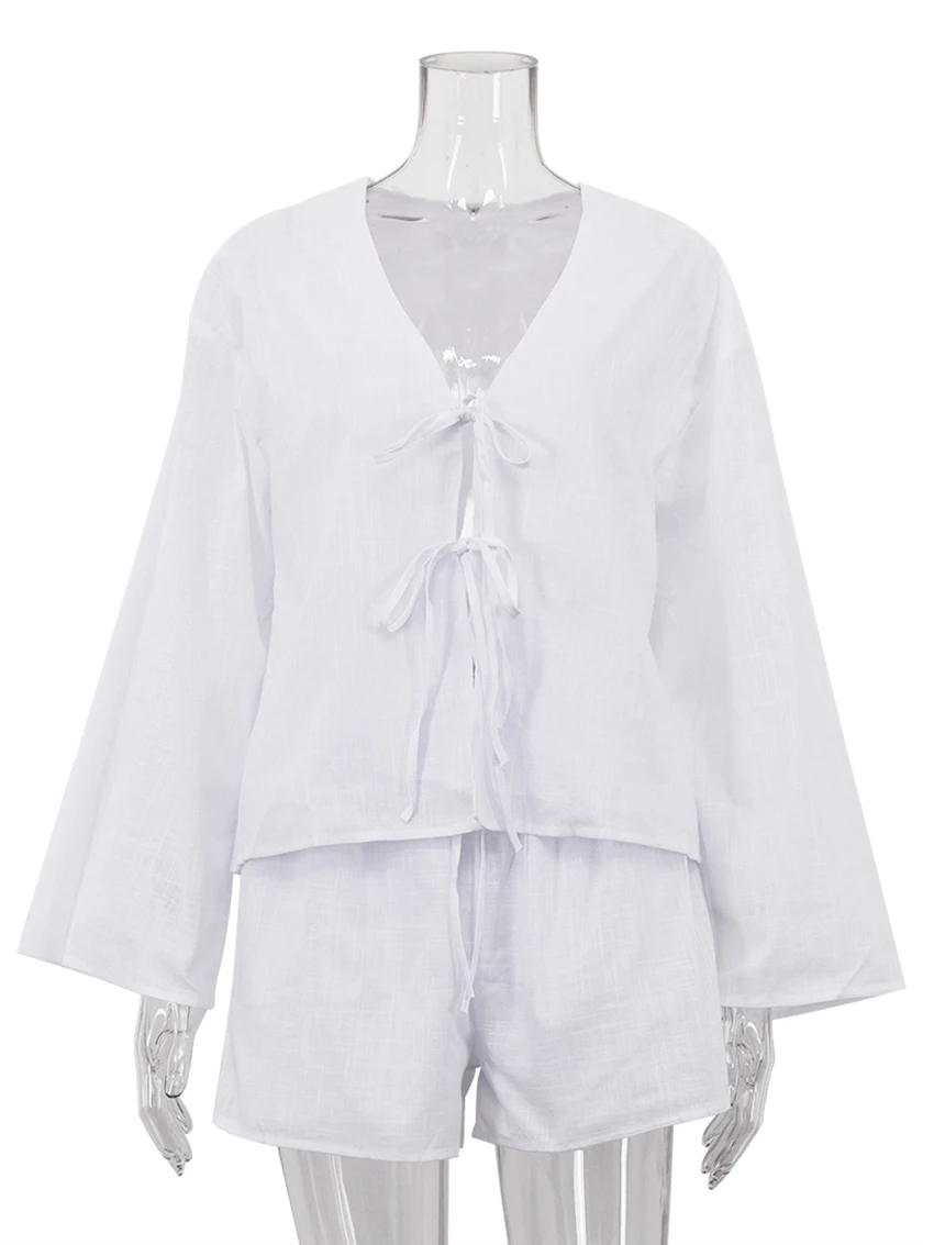 Marthaqiqi Fashion Women'S Pajamas Set Sexy V-Neck Sleepwear Lace Up Nightwear Long Sleeve Nightgowns Shorts Casual Pyjamas Suit