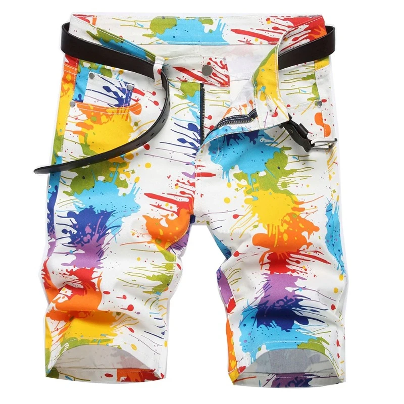 

Men Fancy Color Painted Shorts Summer Y2K Stretch Denim Breeches Digital Print White Jeans 2024 New