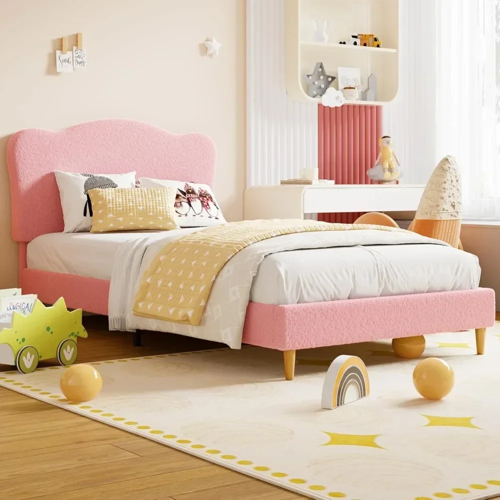 

Children's Soft Padded Double Bed Frame with Scallop Headboard, Cute Velvet Double Bed, Suitable for Girls and Boys, Sturdy