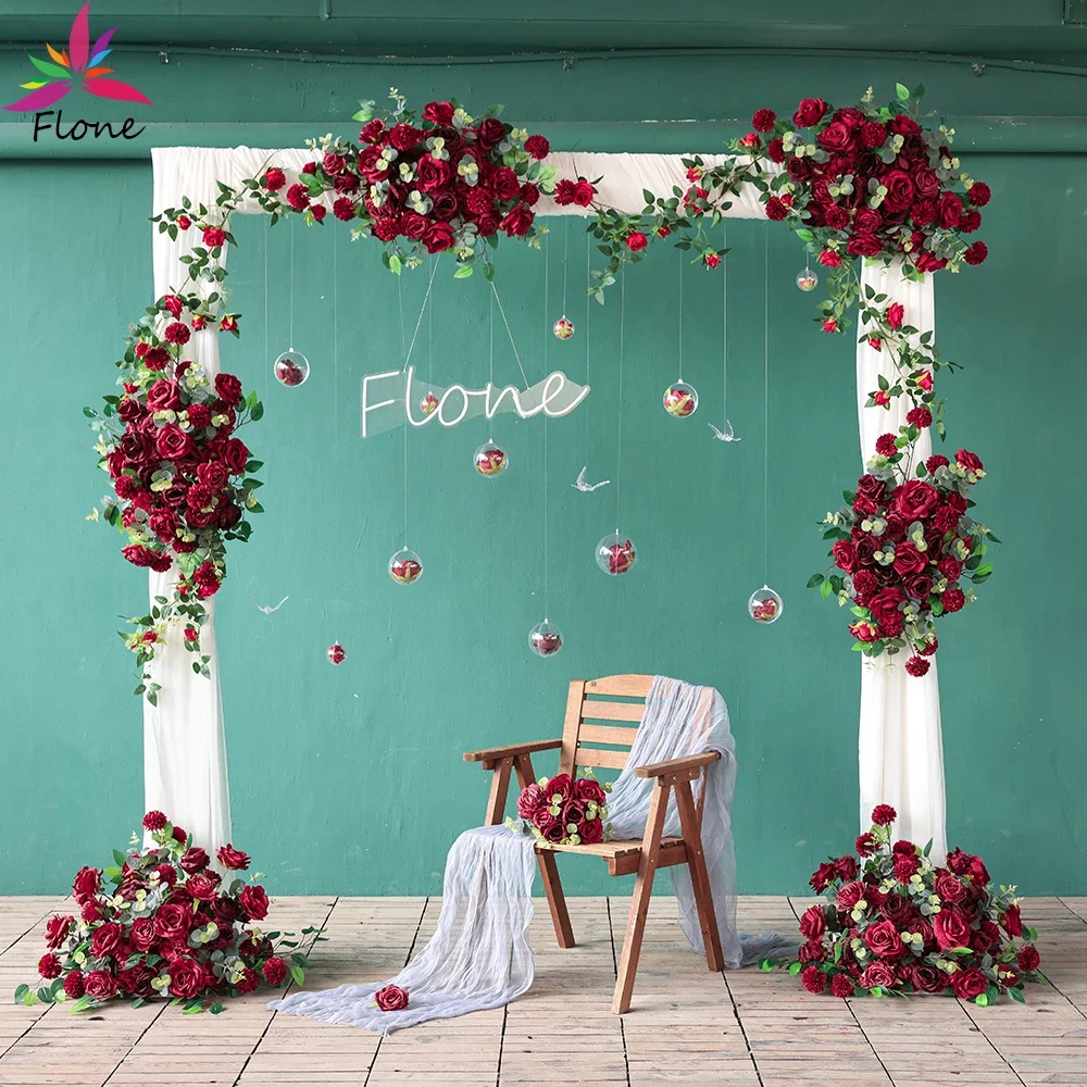 

Handmade Floor Fleur Artificielle DIY Wedding Decoration High Quality Artificial Dark Red Rose Eucalyptus Florals Row HY2425