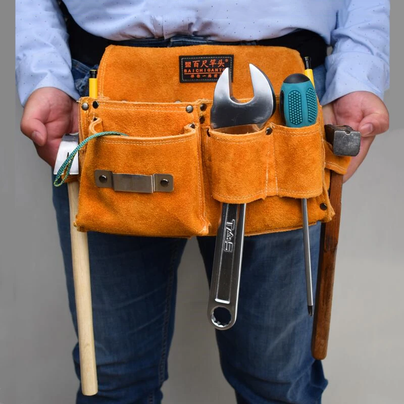 New Tool Storage Bag Cowhide Tool Organizer Portable Storage Electric Drill Bag Screwdriver Hardware Tool Bag Home Waist Bag