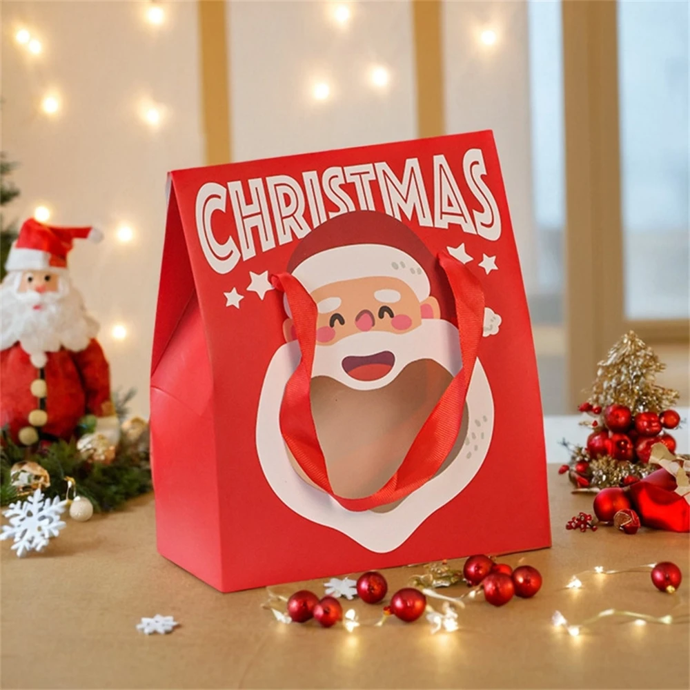

Party Decor Bag High Quality Red Green Santa Window Box Christmas Paper Handbag Reduct Tearing Risk Candy Gift Packaging Bag For