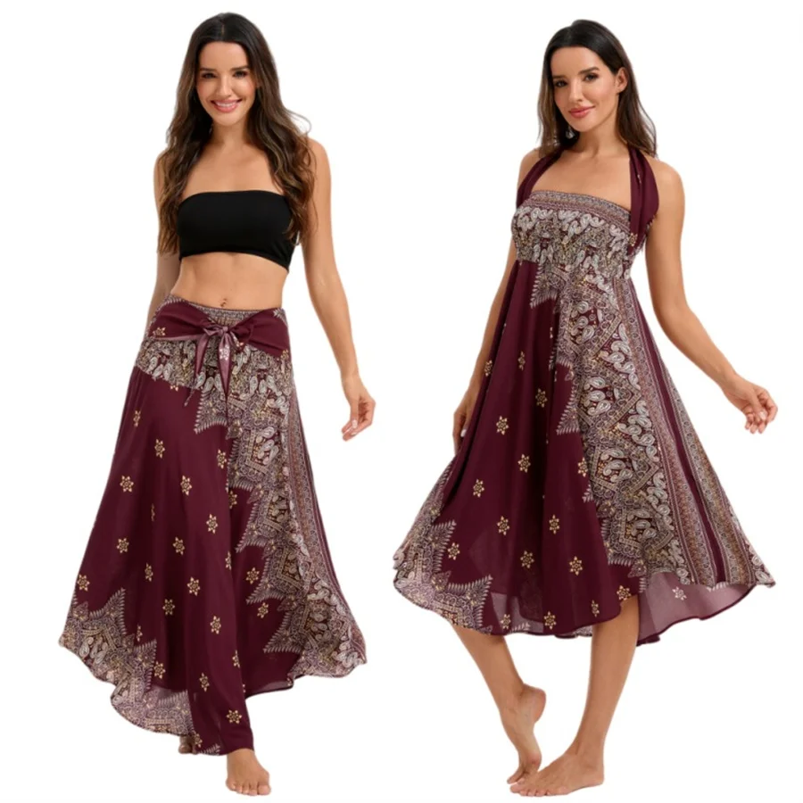 Damen Boho-Kleid aus Rayon, Atmungsaktiv, Weich, Sommerliches Bohemian Langes Kleid, Strandkleidung, Urlaub, Elastische Taille, Bandage-Neckholder, Hippie-Kleid – Detail 14