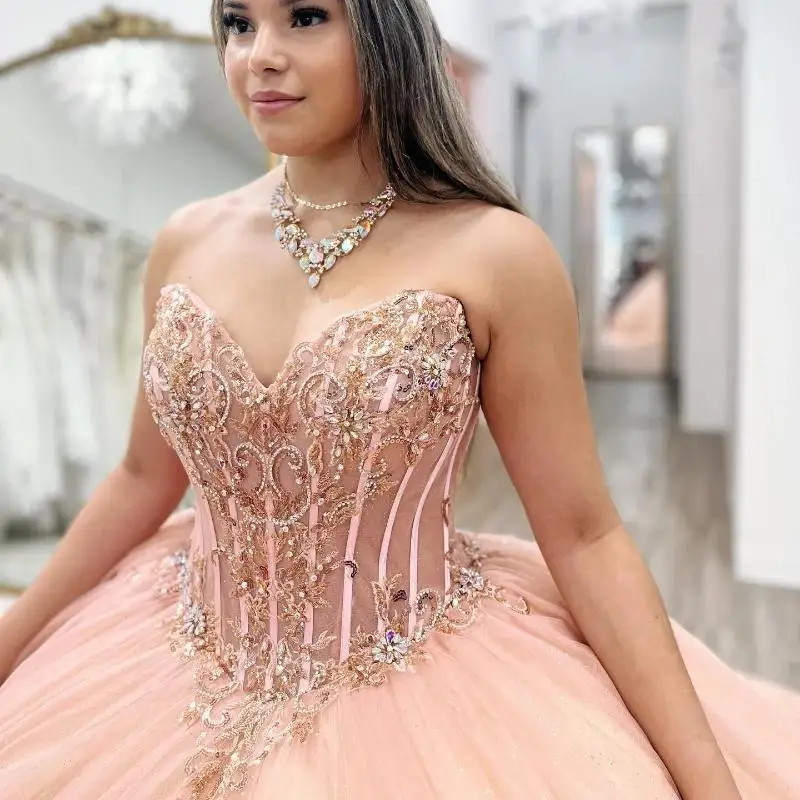 Glitter Pink Quinceanera Dress Ball Gown Off The Shoulder Lace Applique Beaded Cryatal Tull Mexico Corset Sweet 16 Vestidos De 1