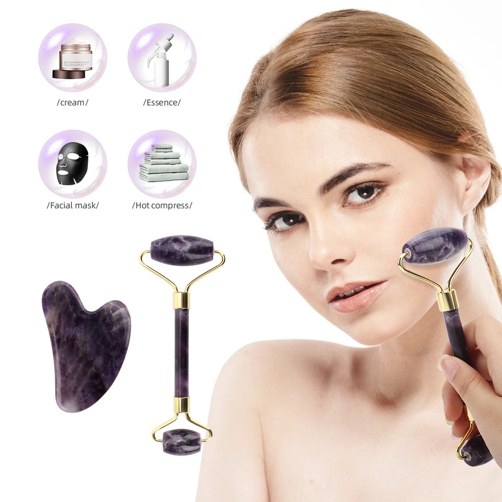 Real Natural Amethyst Jade Roller Gua Sha Set for Skin Care Face Roller Dark Circles Facial Roller for Skin Neck Face Massager