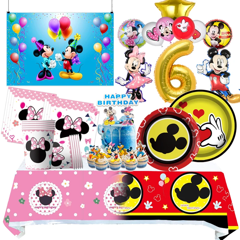 New Mickey and Minnie Birthday Decoration Disposable Straws Tablecloths Plates Cups Baby shower Supplies for Boys and Girls Gift