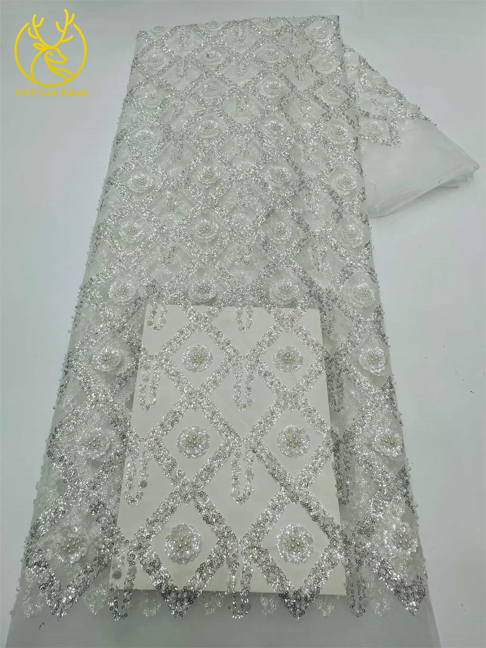 Wunderschöner afrikanischer nigerianischer Pailletten-Spitzenstoff in Diamantform, 2026, hochwertiger französischer Tüll zum Nähen von Abendkleidern – Detail 12