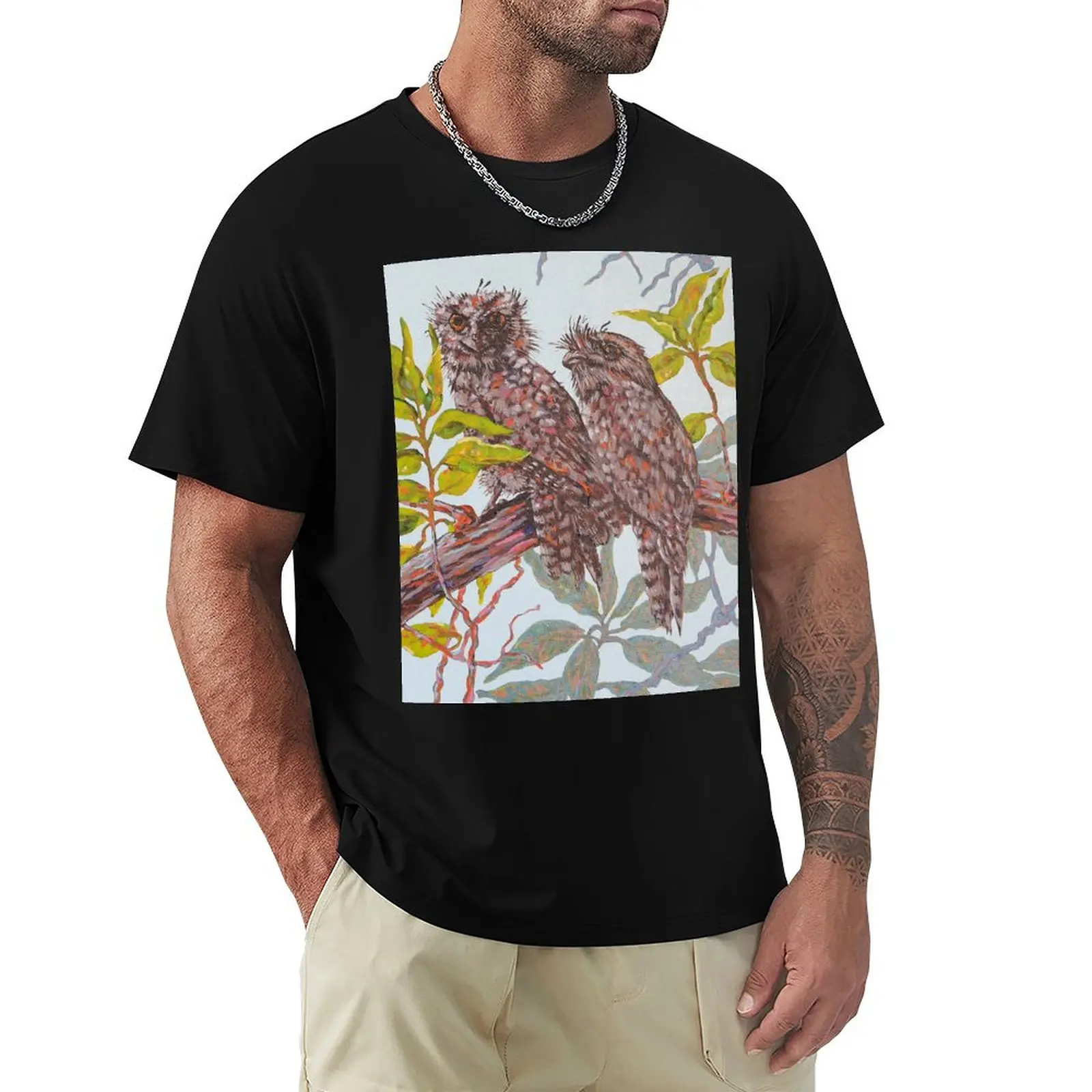 Two Tawny Frogmouth Birds Perched on Branch T-Shirt Basic Simple Design Short Sleeve Shirt