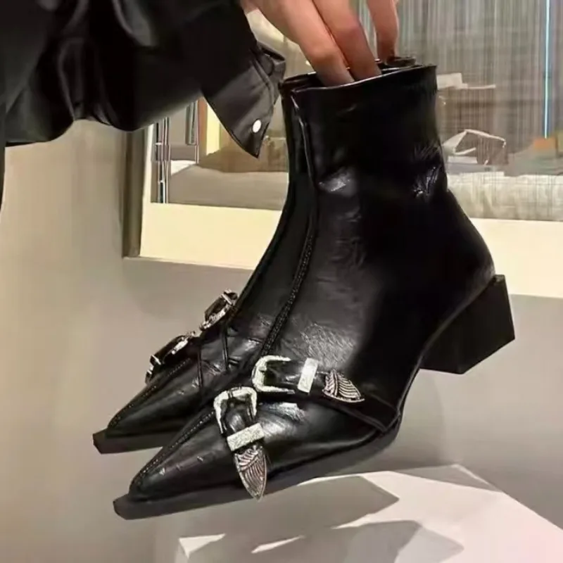 

Fashion Pointed and Ankle Boots for Women Metal Buckle Thick Heel Boots for Women Elegant and Versatile Autumn and Winter Shoes