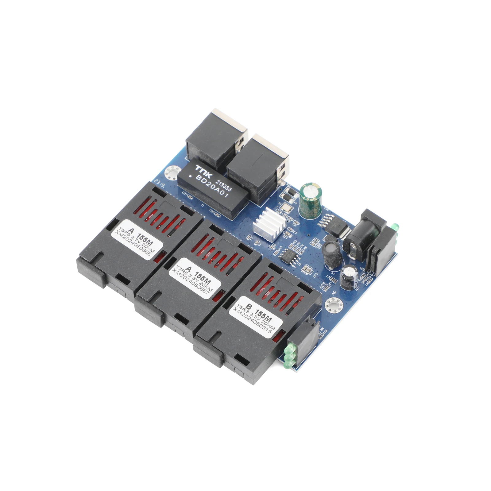 10 M/100 M Glasvezel Media Converter 2 RJ45 naar 3 SC 2A + 1B Optische Connector 1310nm/1550nm Poorten PCBA Board 20 KM Ethernet Switch