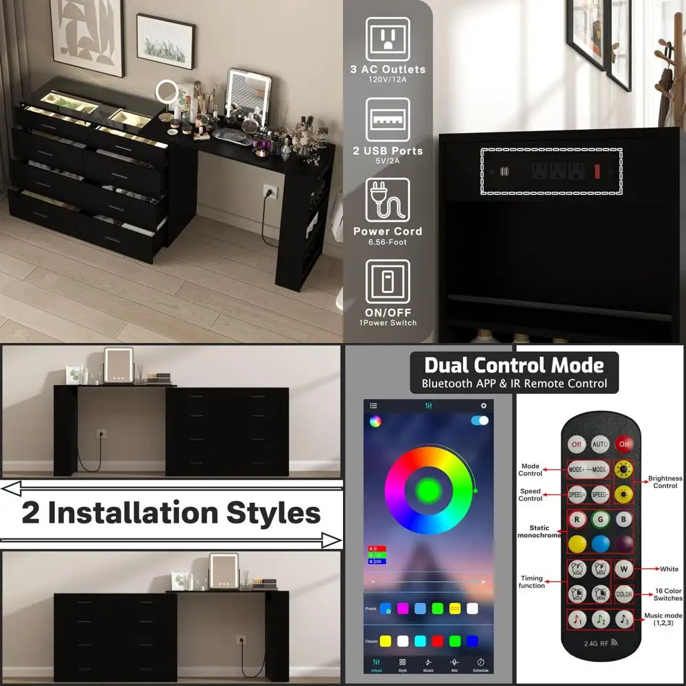 LED-Illuminated Black Glass Top Makeup Vanity Desk with Power Outlets and Corner Storage with 8 Drawers and 3 Open Shelves