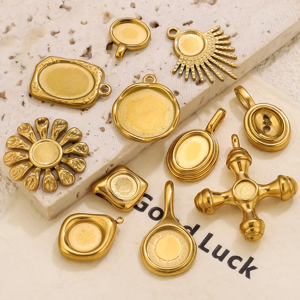 4-5PCS Stainless Steel Gold Charms Round Oval Bezel Charm Pendant Trays Blank Cabochon Base for DIY Jewelry Making Supplies