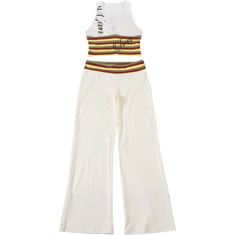 Nibber ärmelloses Tanktop mit Buchstaben-Aufdruck und V-Ausschnitt + Hose mit weitem Bein, lässiges gestreiftes 2-teiliges Set für Damen, trendiger, schicker Street-Sportanzug – Detail 3