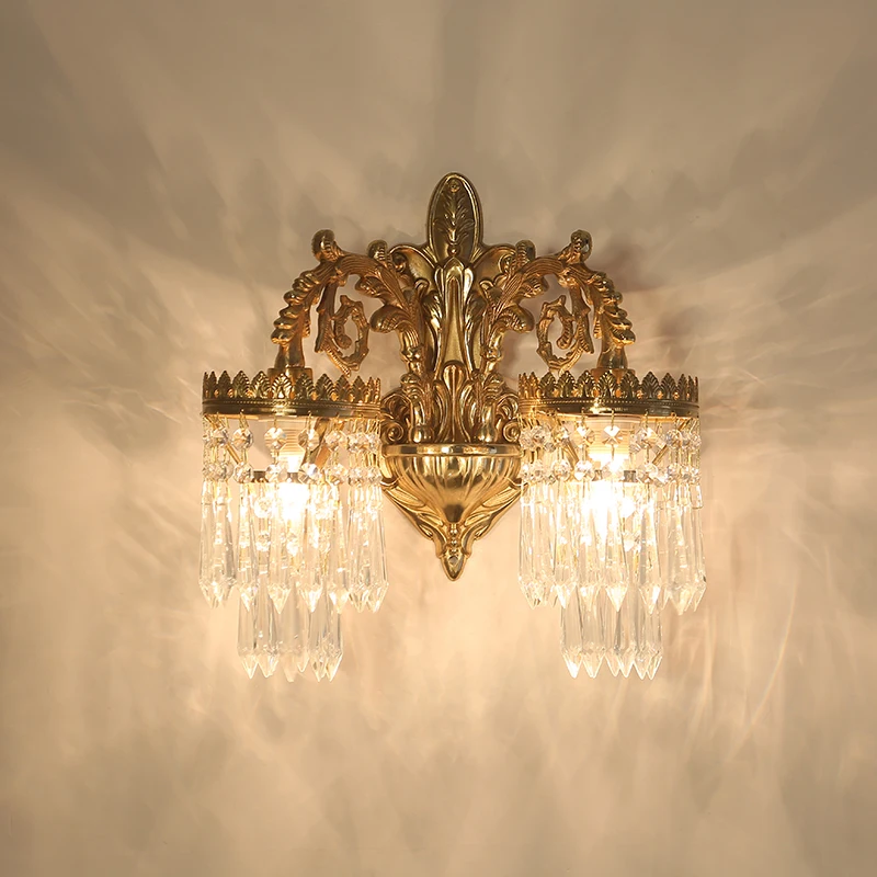 

Jewellerytop Medieval Popular Antique Brass Wall Lamp Double Crown Bathroom Bedroom Crystal Decorative Wall Sconce Light