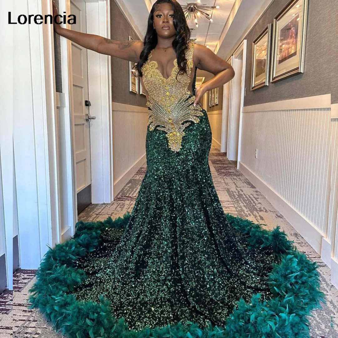 Customized Green Ruffles Sequins Mermaid Prom Dress Gold Beaded Rhinestone For Black Girls Birthday Party Gala Gown YPD172