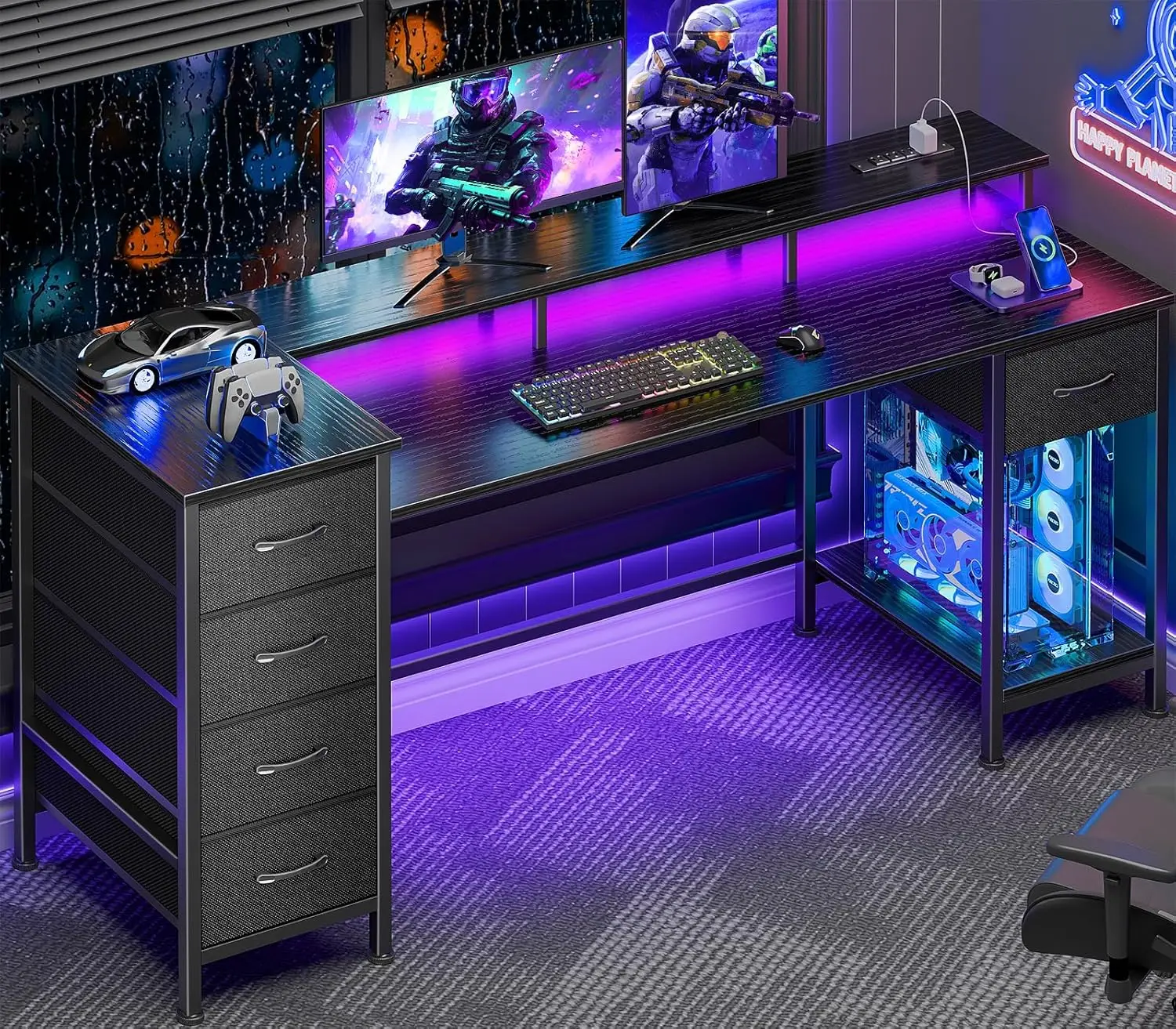 

61 Inch Computer Gaming Desk with Power Outlets & LED Lights Reversible Home Office Desk with Adjustable 5 Fabric, Customized