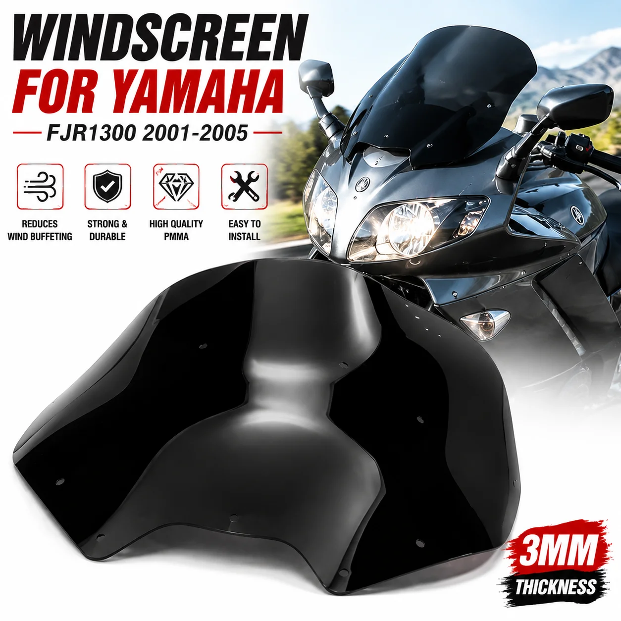 Image of Motorradzubehör, passend für 2001–2005 Yamaha FJR1300 Windschutzscheibe FJR 1300 2002 2003 2004 Windabweiser Verkleidung