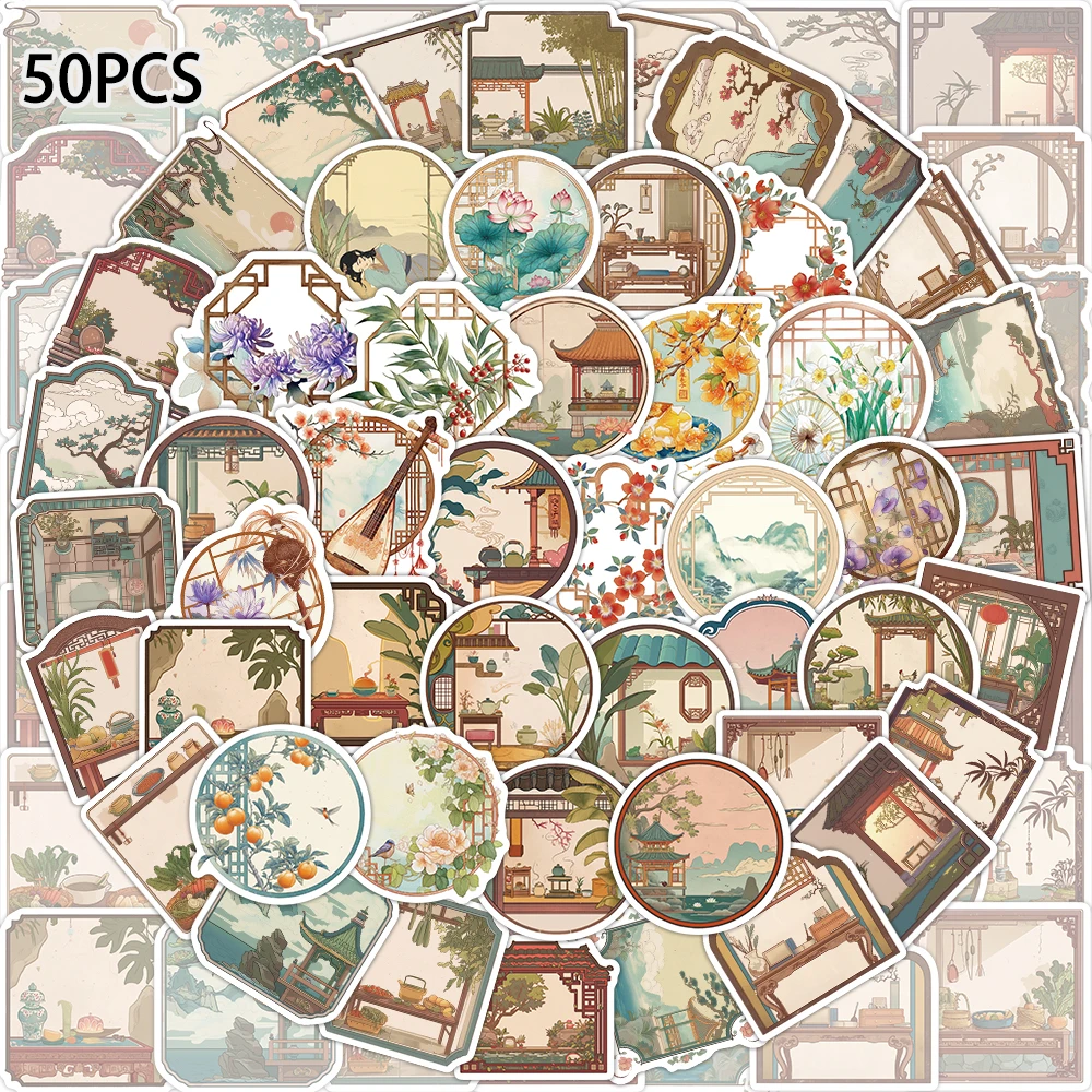 50pcs קלאסי אמנות עתיק רטרו סצנה פרח חלון מדבקה אישית מים אוסף קישוט טלפון ספר