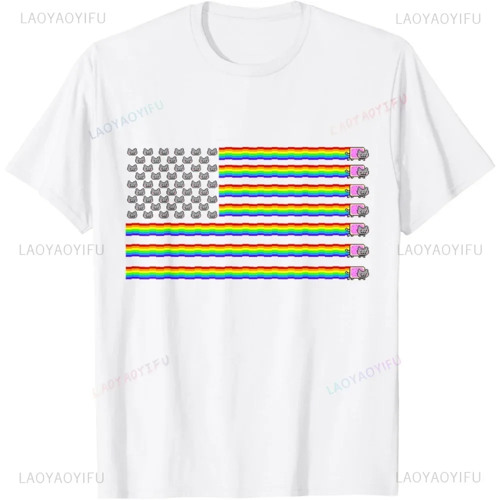 Радужная футболка с поптартой Nyan Cat с американским флагом, повседневная модная свободная мужская футболка в стиле хип-хоп, летняя уличная женская футболка с короткими рукавами