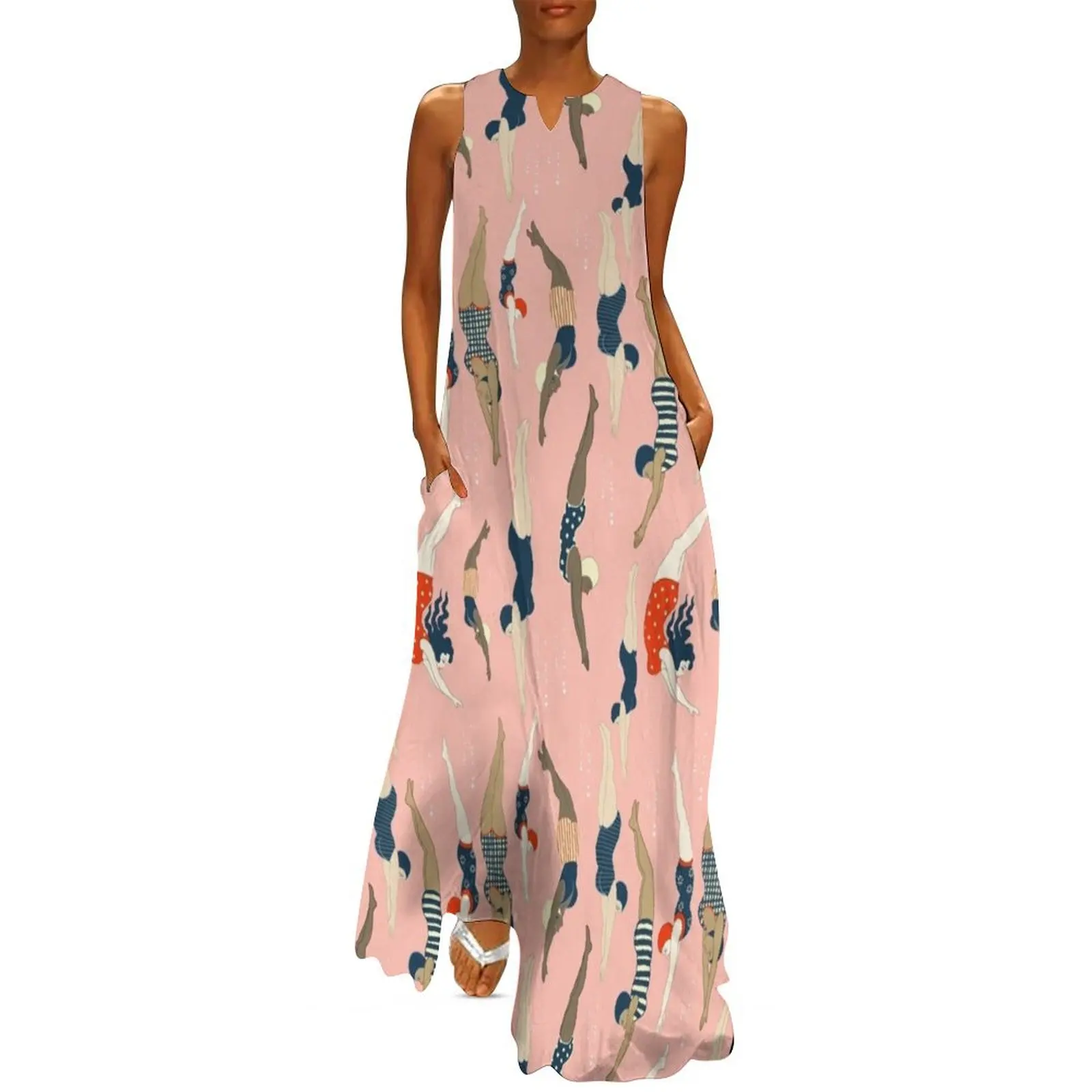 

Diving ladies from a vintage era repeat pattern design. Lovely rose background Long Dress clothing women summer 2025 Dress