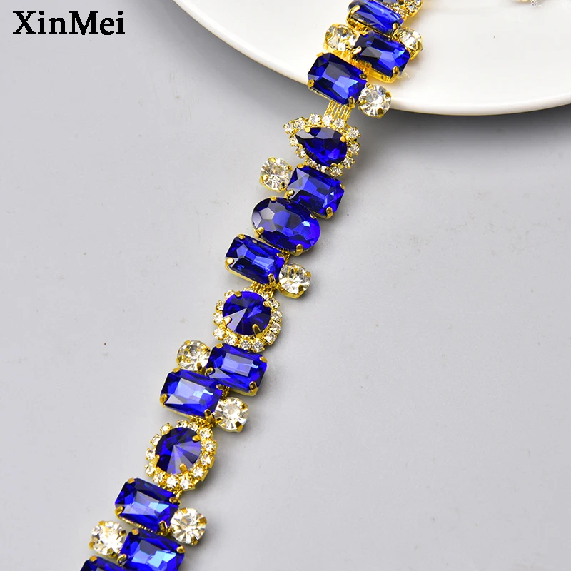 1 Yard Royal Blue Glitter Rhinestone Trim Silver Gold Base Crystal Flower Metal Cup Chain Sew on Bridal Outfit Shoes Accessories