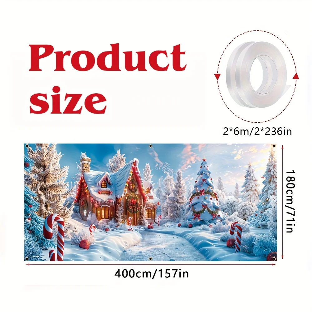 قطعة واحدة، لافتة جراج عيد الميلاد، بوليستر متين، تصميم بيت الثلج وشجرة عيد الميلاد، ديكور فني جداري منزلي احتفالي